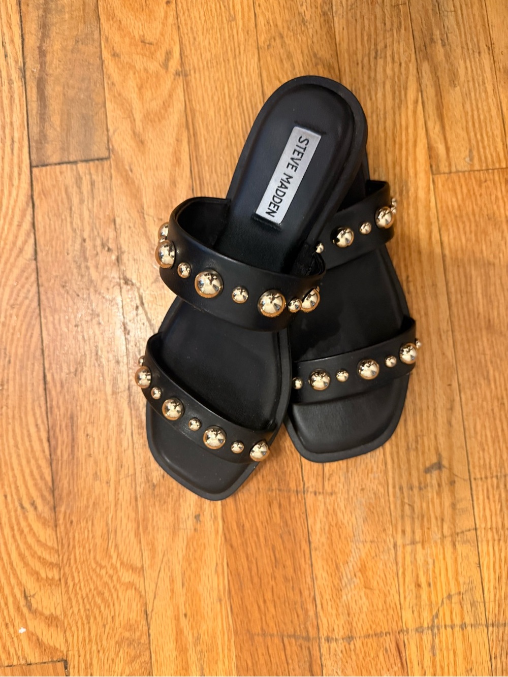 Steve Madden Black Slide Sandals with Gold Stud Accents